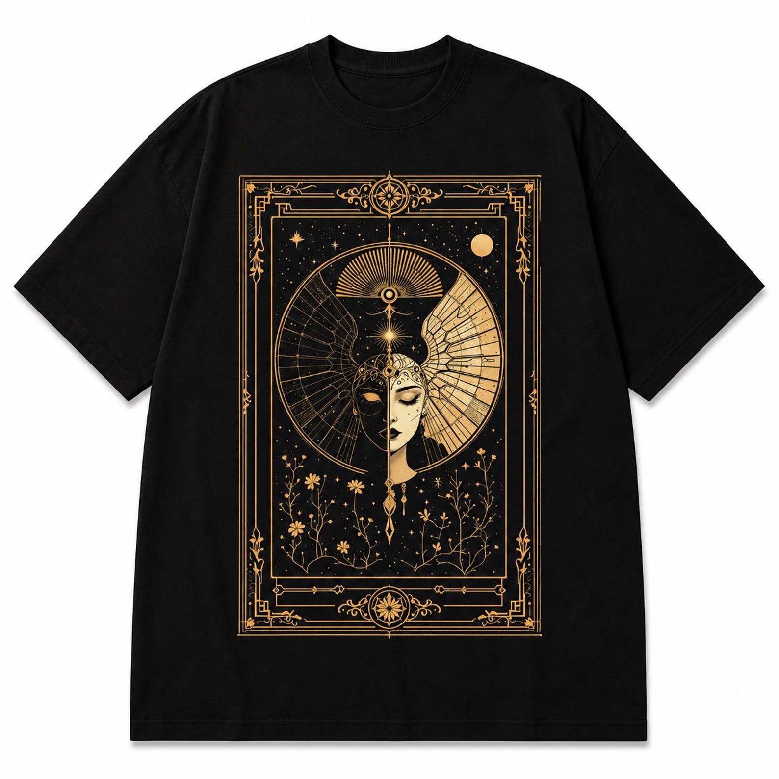 Celestial Tarot T-Shirt, Moon Phase Gothic Art Deco Graphic Tee XL