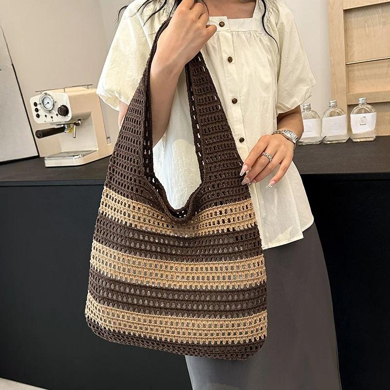 Women's Striped Woven Knitted Tote Bag Contrast Color Hollow Shoulder Bag Summer Beach Handbag