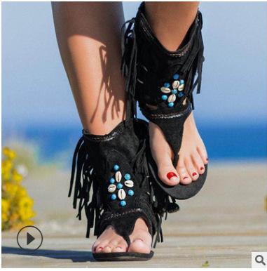 

Retro Women Fringe Flower Wedges Shoes 2026 Solid Flock Beach Casual Sandals Women Summer Flip Flop Sandals 35 чёрный