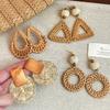 Wooden Rattan Straw Earrings Women's New Bohemian Vacation Style Earrings Exaggerated Face Small Stud Earrings
