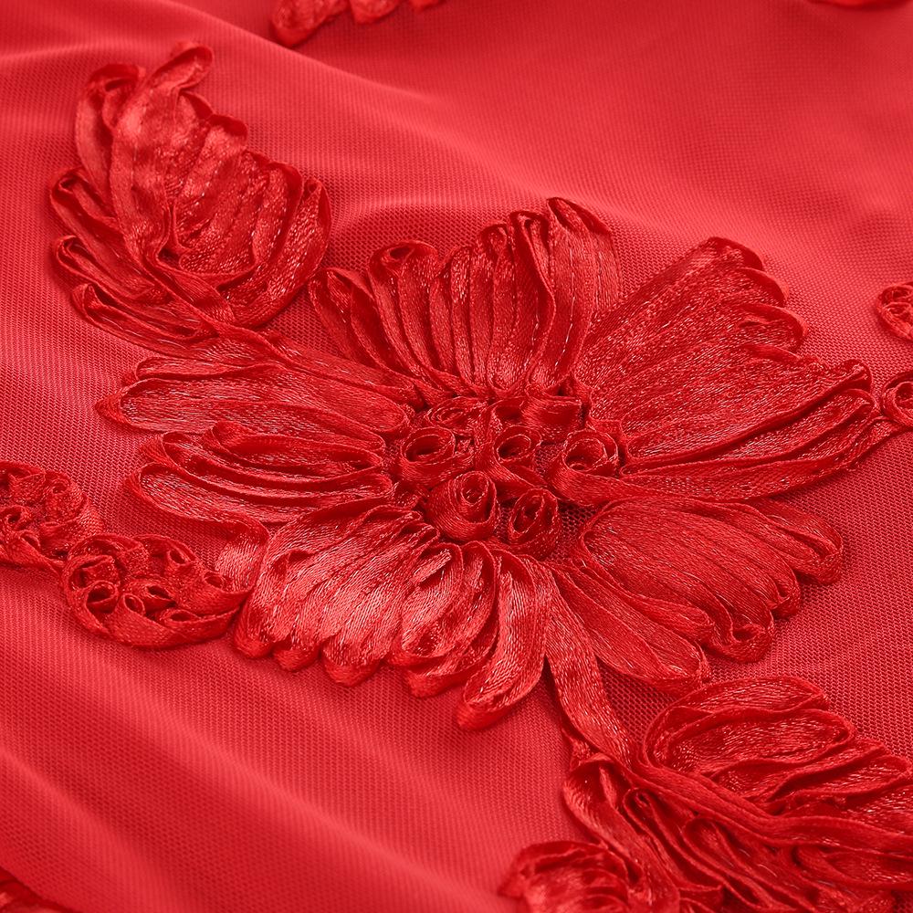 Elegant Red Halter Neck Evening Dress with Embroidered Detail