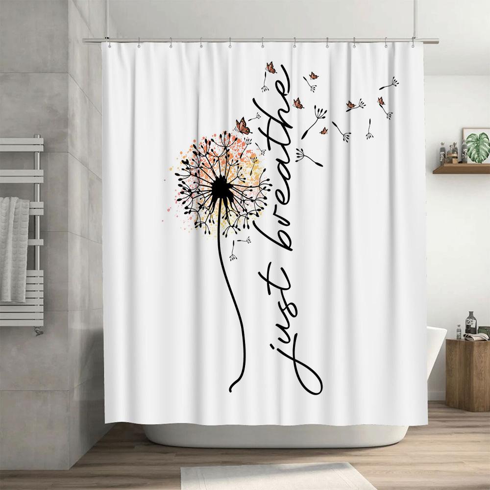 Entzückender Löwenzahn Duschvorhang Just Breathe Heimdeko Badezimmerzubehör In Weiß Mit Schwarzem Druck Für Wohnzimmerdeko