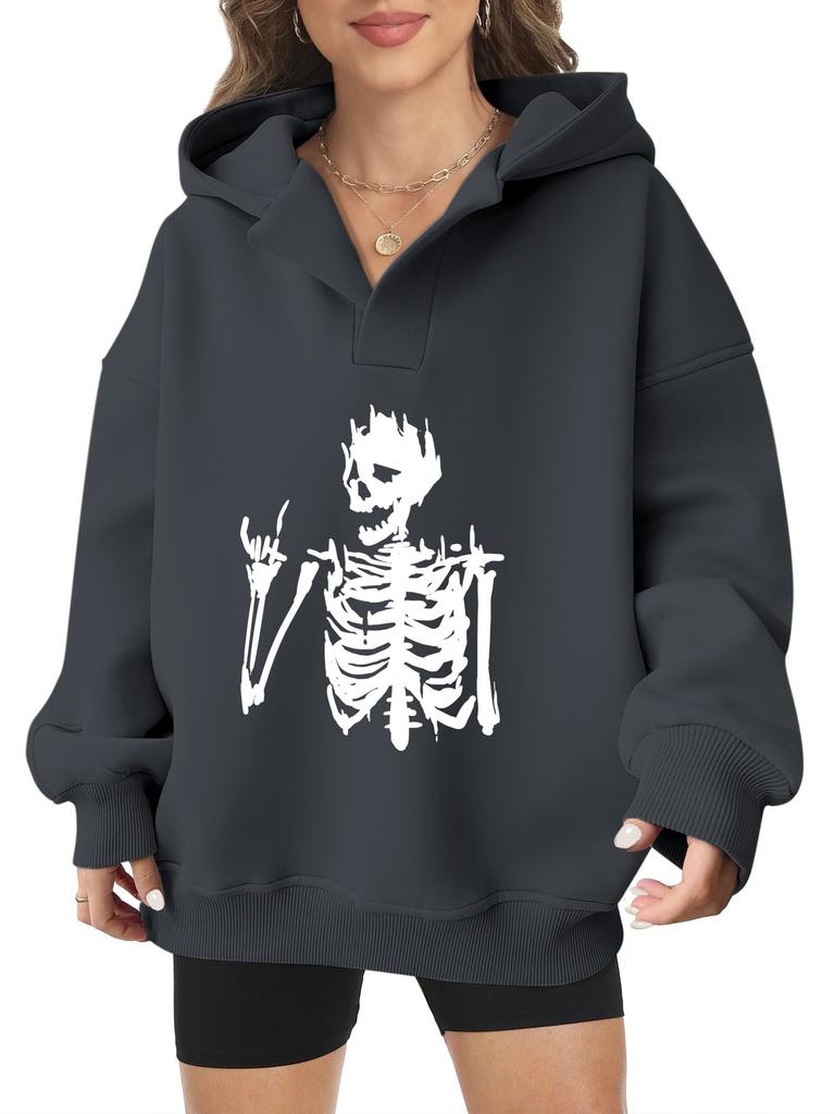 2025 new European and American Halloween women's hooded sweater front and rear pattern winter fleece loose casual