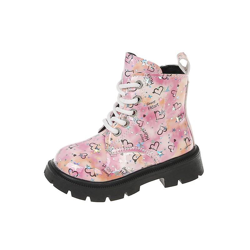 2025 Autumn and Winter New Bright Leather Printed Children's Martin Boots Girls Round Head Medium Leather Boots Boys Boots Tide