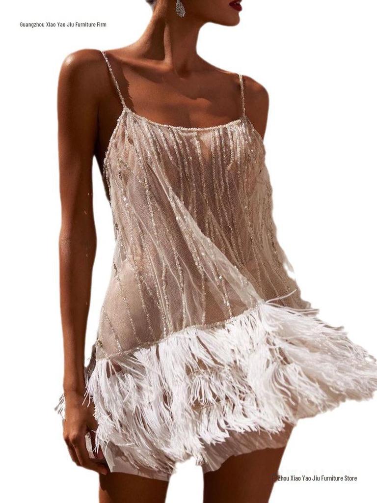 Rochie de Petrecere Sexy Europeană & Americană Fără Spate cu Plasă cu Paiete și Franjuri și Bretele Subțiri