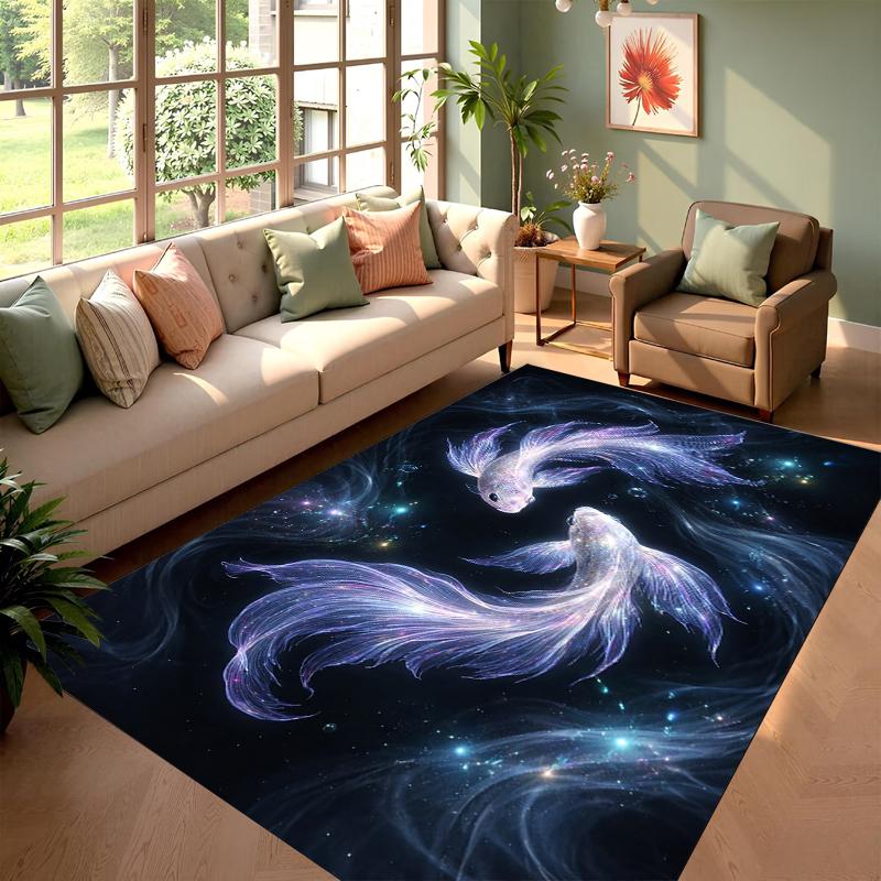 Galaxy Koi Fish Rectangular Carpet Mysterious Starry Sky Marine Pattern Decorative Floor Mat for Living Room Bedroom Home Decor