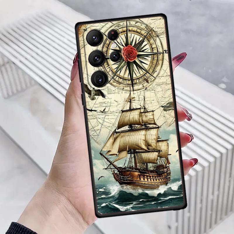 Vintage compass illustration For Samsung Galaxy S26 S25 S24 S23 S22 S21 S20 Ultra Plus FE 5G Black Soft TPU Phone Case