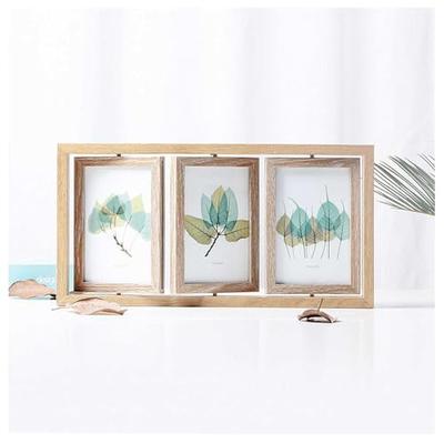 Wooden Photo Frame, Large/KG Size, Double-Sided, Triple Panel, Rotatable, Perfect for Multiple Photos (10*15cm), Woodgrain Finish, Nordic Style, Displ