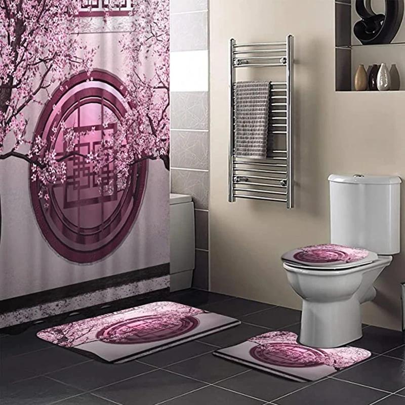 

Cherry Blossoms Print Fabric Shower Curtains Bathroom Curtain Set Flower Anti-Skid Rugs Carpet Toilet Lid Cover Bath Mat Sets W60H190(CM)-1 Pcs