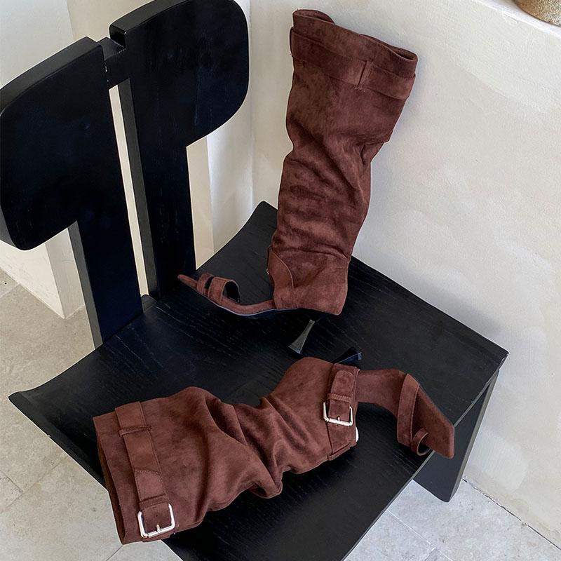 Fashion Fashion Open Toe Women Knee High Boots Shoes Female Flock Footwear Square Toe Ladies Sandals Boots With Thin Heels Shoes Pumps
