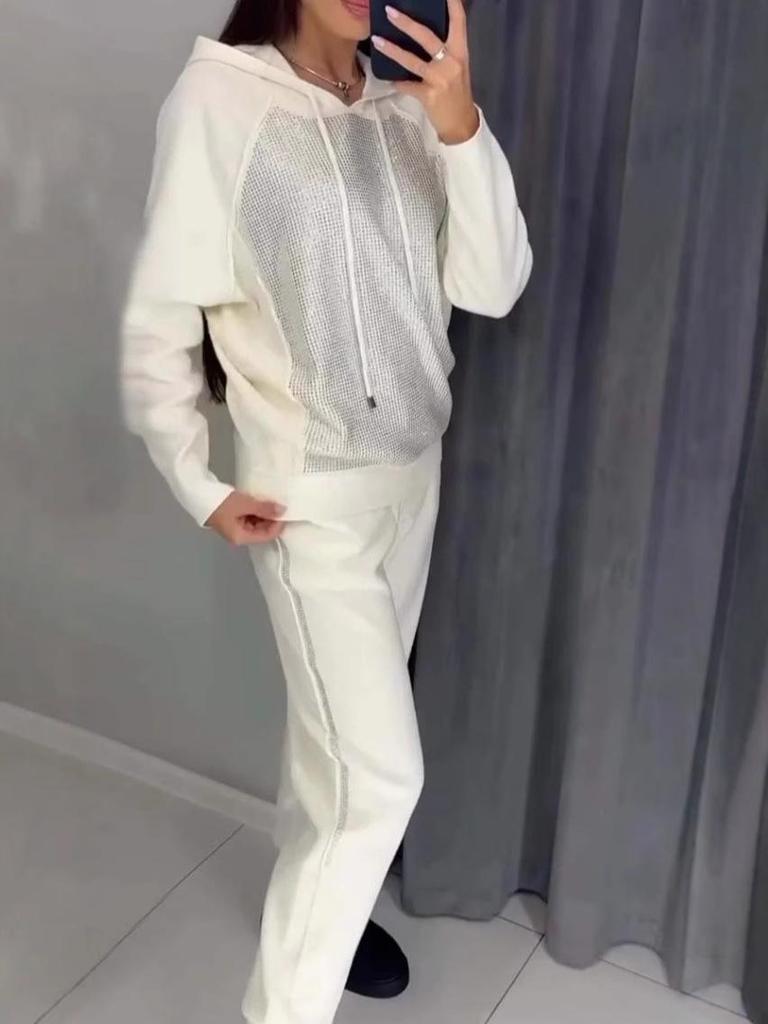 2024 Spring & Autumn Women's Casual Rhinestone Hooded Sweatshirt Sports Set