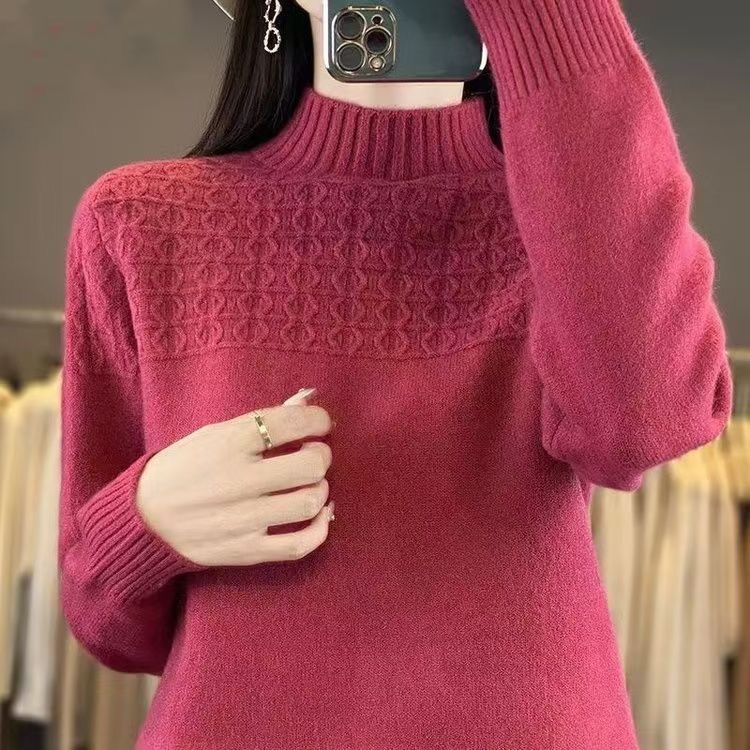 

Женский свитер с полувысоким воротником, свободный, осенне-зимний, вязаный свитер, базовый свитер 3XL розы красного