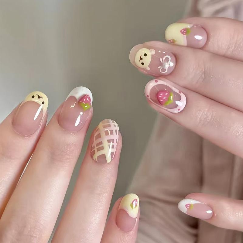 24PCS 3D Cartoon Cat Cute Almond Press On Nails Simple Light Green Blush Fake Nails Silver Star French Wearable Manicure Fashion