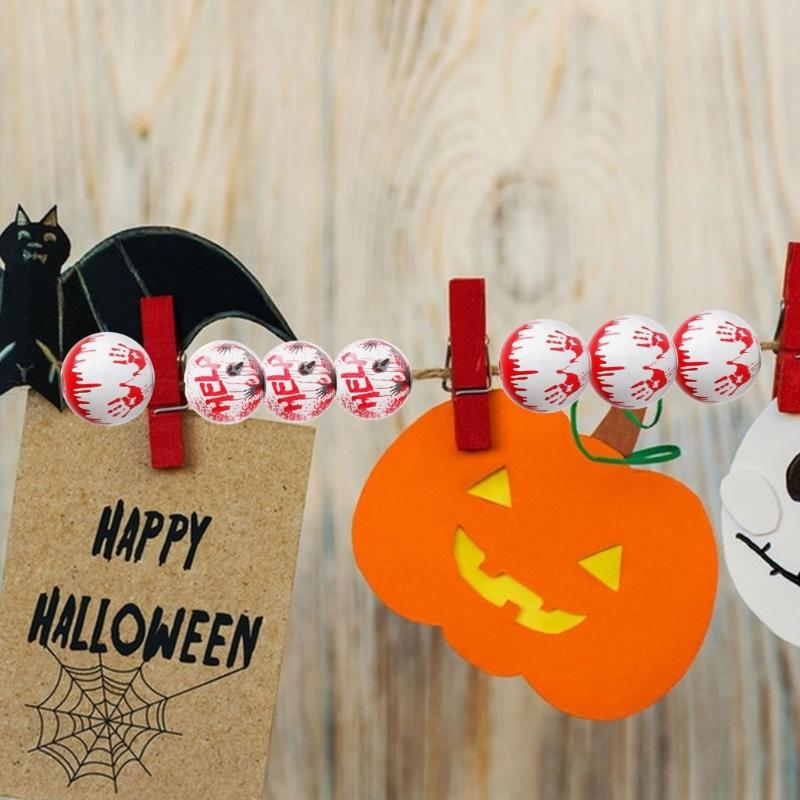 40 Stück Runde Perlen Halloween Holzperlen Gruselige Augäpfel Muster Holzperlen für Basteln Halsketten Schlüsselanhänger Herstellung