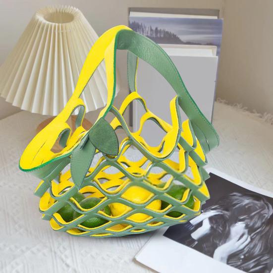 

Folding Tote Bag Faux Leather Hollow Handbag Casual 2-in-1 Fruit Basket Seat Cushion for Picnics Camping Grocery Shopping