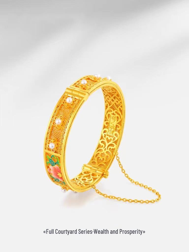 Vietnamese Sand Gold Peony Enamel Bangle: Women's Retro Hollow Flower Bracelet