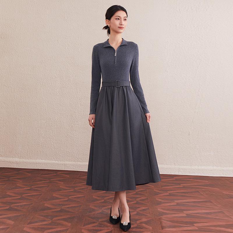 Nanyou Elegant Long-Sleeve Knit Dress with Belted Waist XL серый