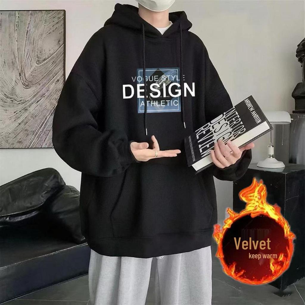 Men's Winter Hooded Sweatshirt: Trendy, Casual, Loose Fit, Plus Velvet