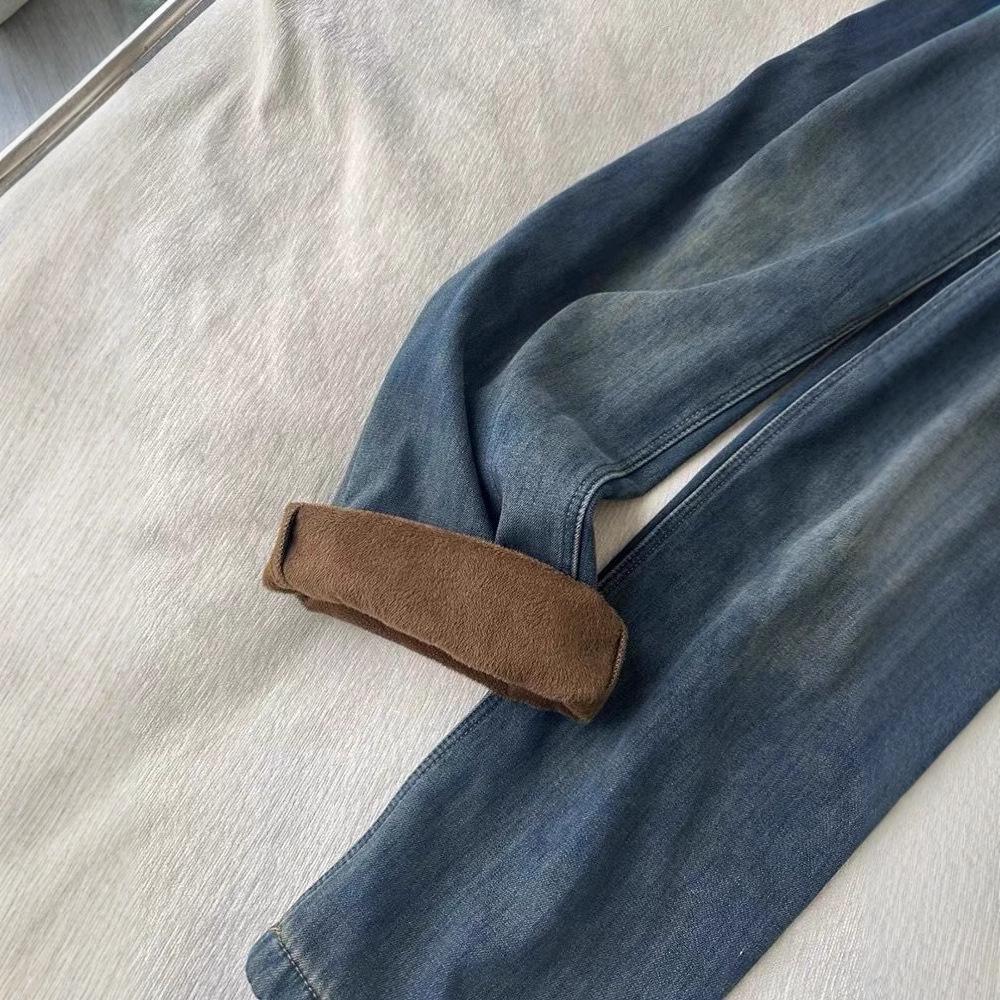 Women's High-Waisted Fleece-Lined Wide-Leg Retro Jeans - Winter Slimming Straight-Leg Pants