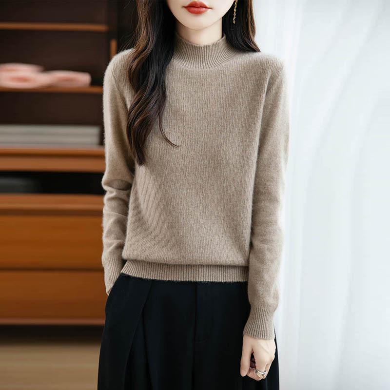 Women's Korean Style Wool Knit Sweater - Half-High Neck, Long Sleeve, Loose Fit