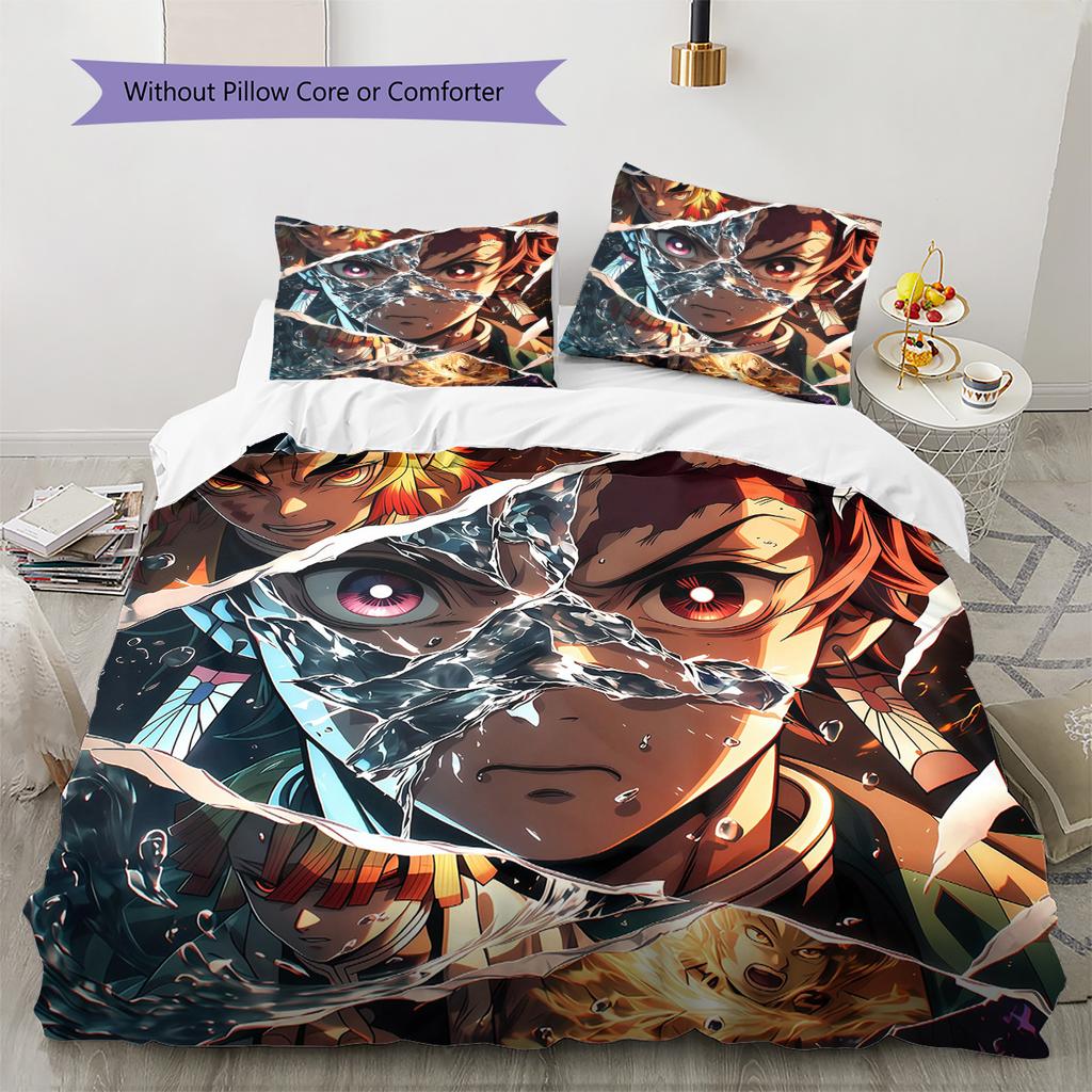 Demon Slayer Kimetsu No Yaiba Pattern Bedding Quilt Set Home Decoration Gift (1 * Duvet Cover + 2 * Pillowcase Without Core)