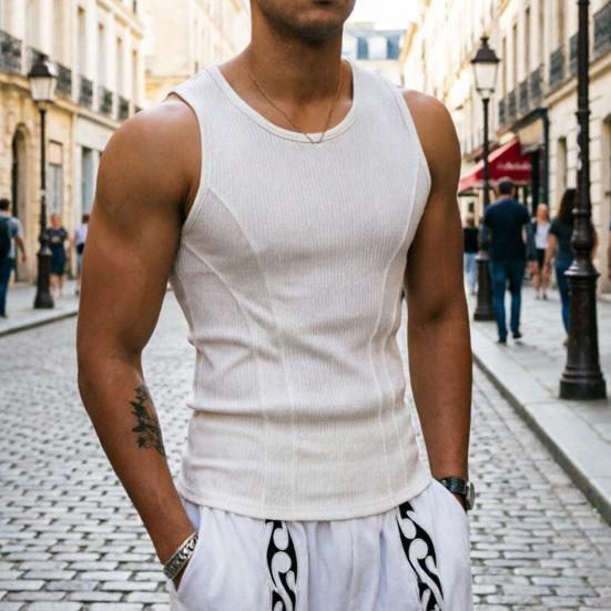 Canotta Estiva da Uomo a Coste Scollo a O Senza Maniche Camicia Traspirante Monocolore Vestibilità Slim Elasticizzata Casual Palestra Sportiva T-shirt