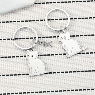 Sevimli Karikatür Kedi Anahtarlık Pürüzsüz Paslanmaz Çelik Kedi ve Balık Etiketi Anahtarlıklar Çocuk Okul Çantası Süsü