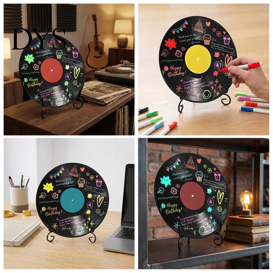 Music Themed Party Decor Vinyl Record DIY Graffiti Clock Ornament, Blank Acrylic Retro Tabletop Wall Hand Painted Art with Stand Reusable Personalized