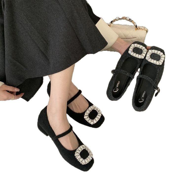 Rhinestone Velvet New Women'S Fashion Versatile Thick Heel Single Shoes Warm Spring Skirt Mary Jane High Heels