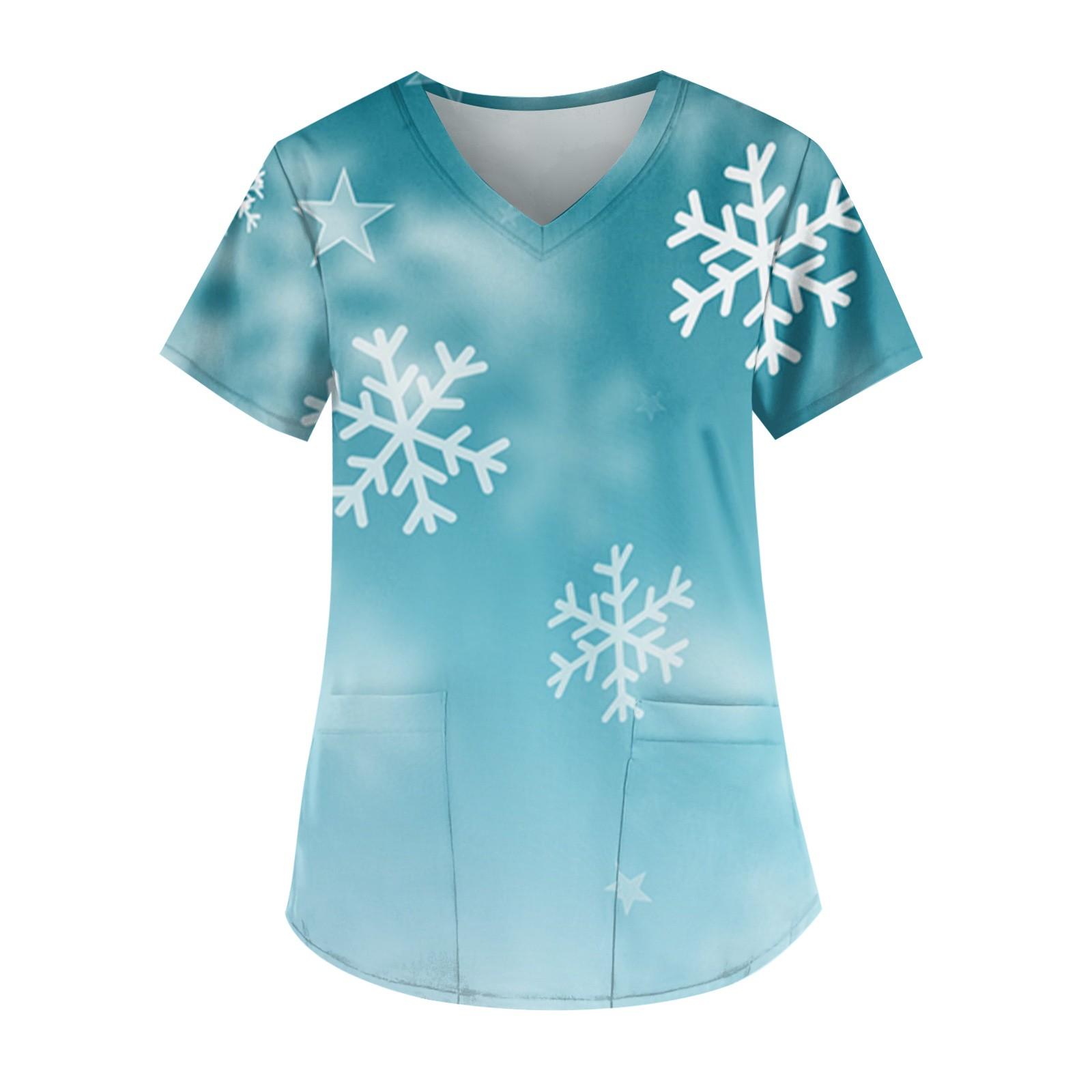 

Женская мода V-образный вырез короткий рукав рабочая одежда с карманом рождественский принт топ XL