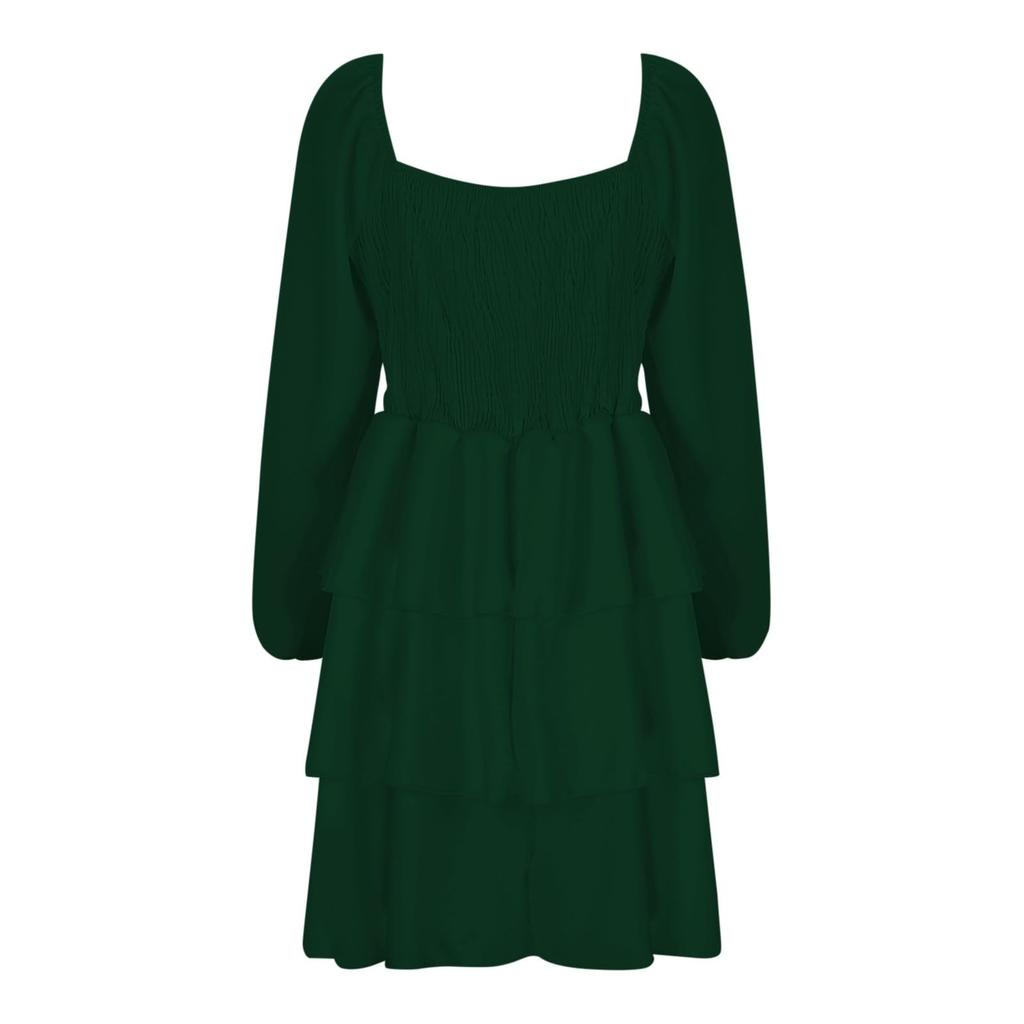 Women's Fashion Off-Shoulder Tie- Pleated Long-Sleeve Fitted -Color Short Dress