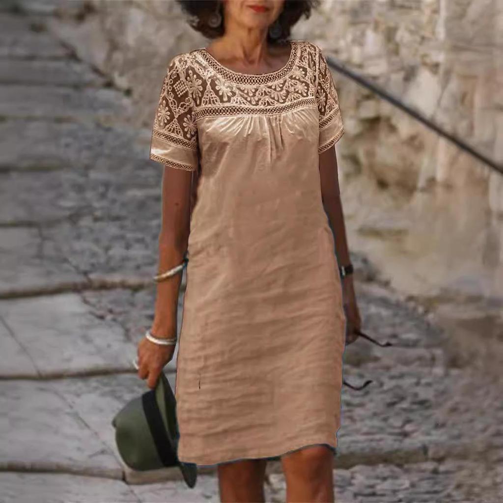 Women's Spring/Summer Casual Lace-Panel Solid-Color Crew Neck Short-Sleeve Dress