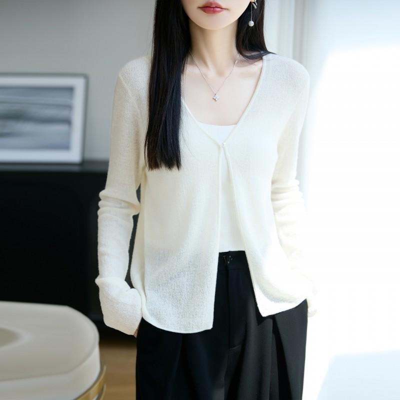 Elegant 100% Wool V-Neck Knit Cardigan Flared Sleeve Solid Color Single Button Top Women