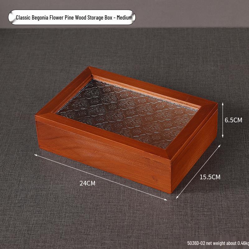 Retro Begonia Glass Lid Wooden Storage Box for Cosmetics, Snacks, Candy, and Documents - Dustproof and Multifunctional