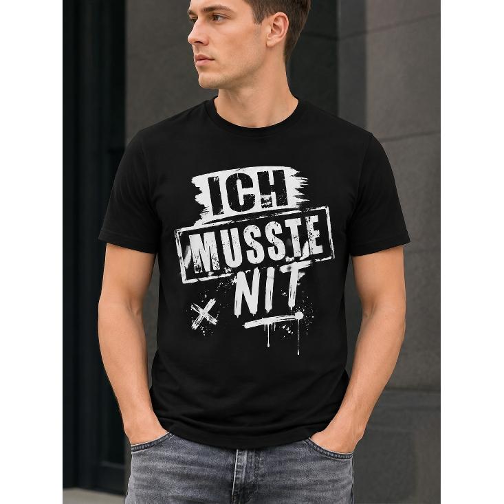 Men's Black Short Sleeve T-Shirt with Bold German Graphic Print "Ich Musste Nit" - Casual Streetwear Tee for Everyday Wear, Soft Cotton Feel, Relaxed