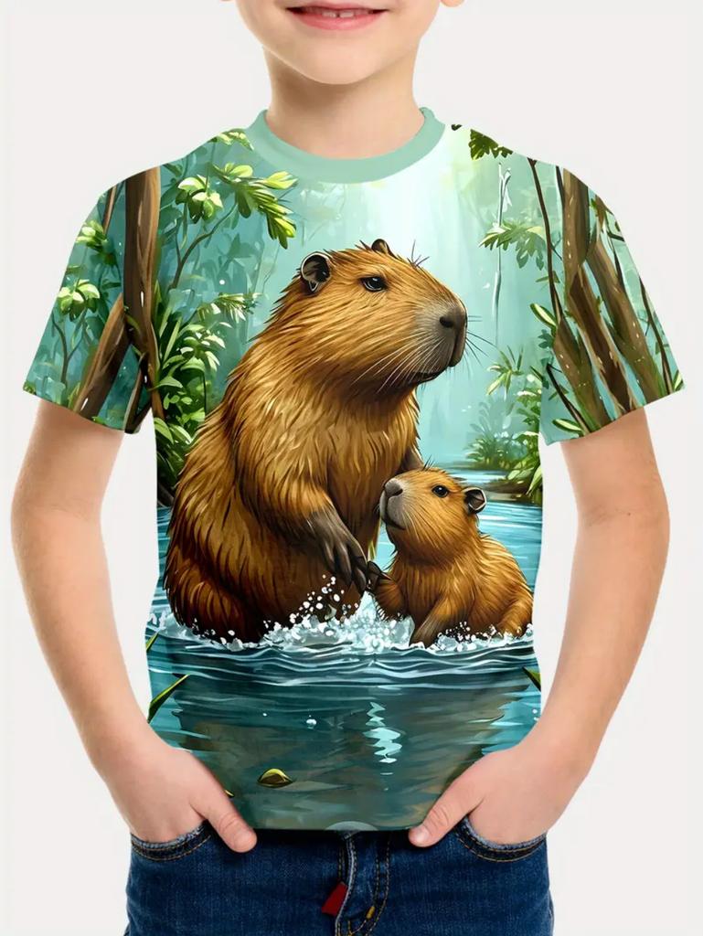 Cute Capybara Pattern Children's Clothing, Girls' Short-sleeved T-shirts, Loose-fitting Pullovers, Boys' Casual T-shirts.