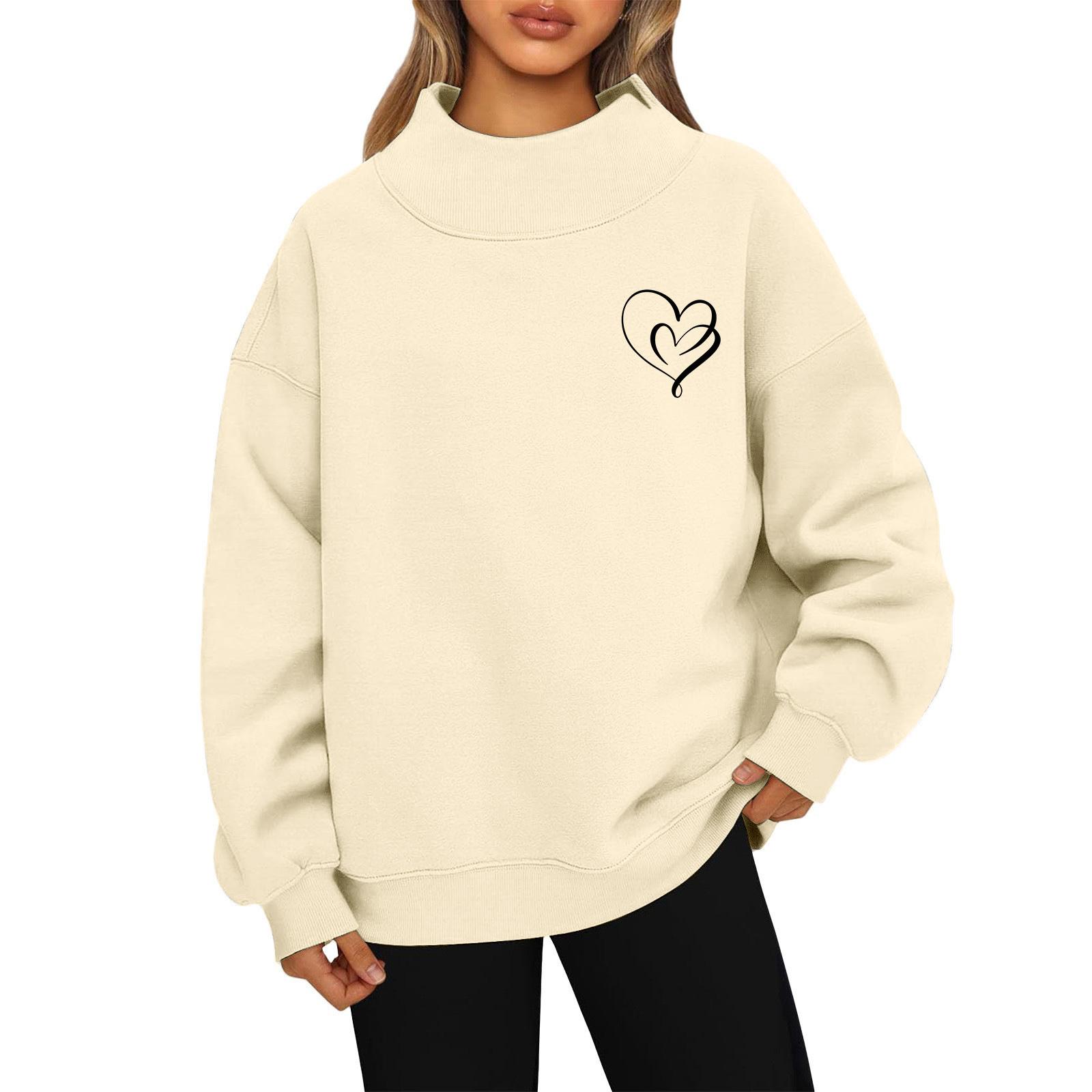 

Women s Valentine s Day Print Fashion Loose High-Collar Long Sleeve Color Sweatshirt Pullover L бежевый
