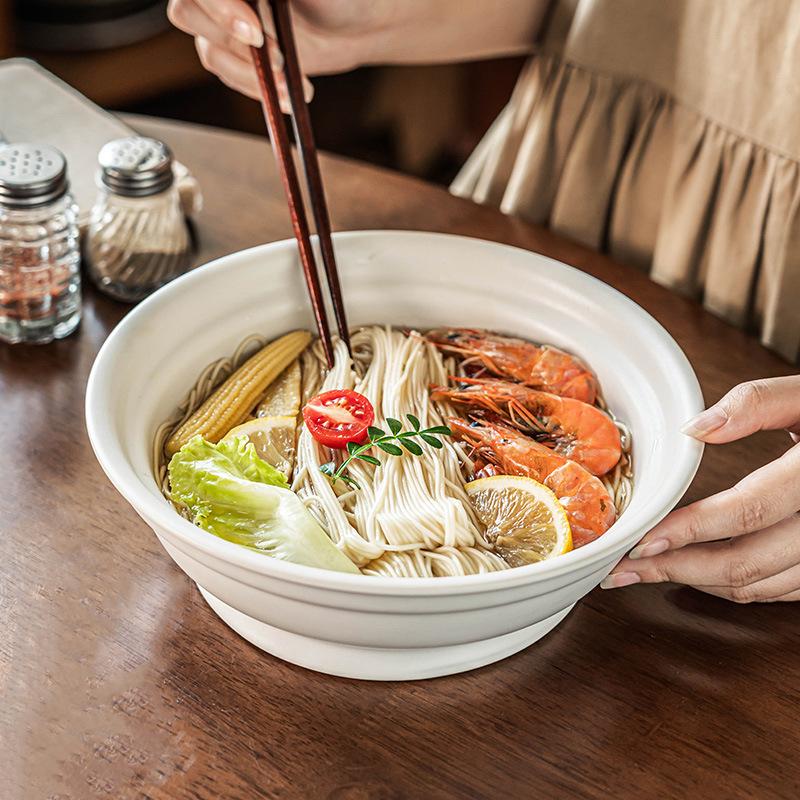 Thick Large Bowl Soup Bowl Solid Color Tableware Ceramic Bowl Household Round Large Vegetable Bowl Restaurant Ramen Bowl Deep Bowl