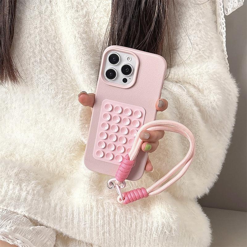 Suction Cup Stand Litchi Pattern Phone Case For iPhone 17 16 15 14 13 12 11 Pro Max X XS XR With Lanyard Rope Soft Bumper Cover