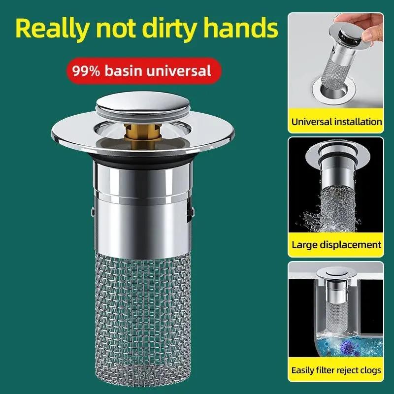 1PCS Washbasin Leak Plug Stainless Steel Odor Proof Bouncing Core Press Type Sink Drain Universal Accessory for Washbasin Bathtub Press Filter