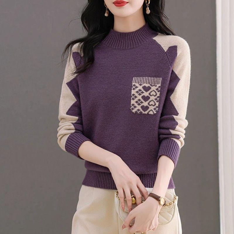 

Вязаный свитер женский осенне-зимний полувысокий ворот свободный стильный свитер для мам среднего возраста M фиолетовый