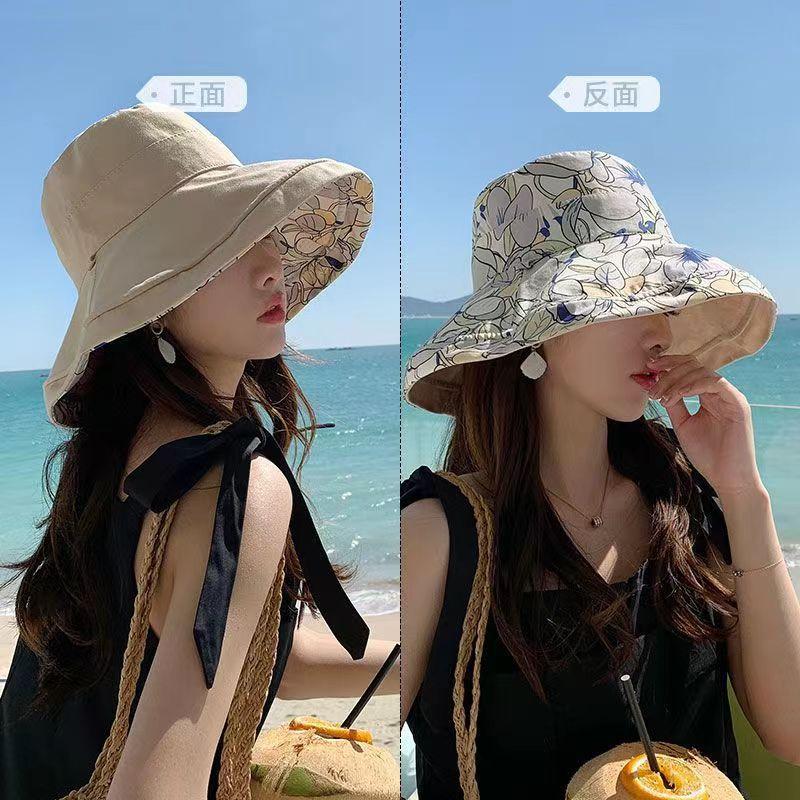 Japanese double-sided flower hat female summer big edge face covering cotton and linen bucket hat sunshade sunscreen ultraviolet sun hat