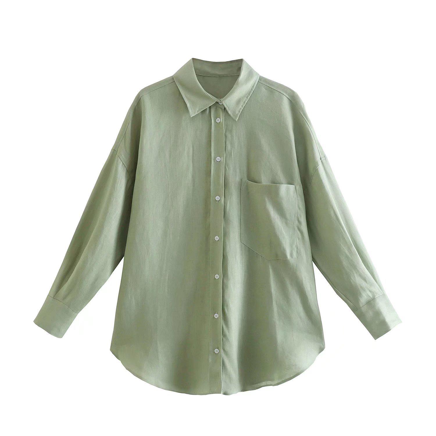

2023 Autumn New European & American Street Style Multi-color Long Sleeve Solid Linen Shirt with Pocket Detail XS