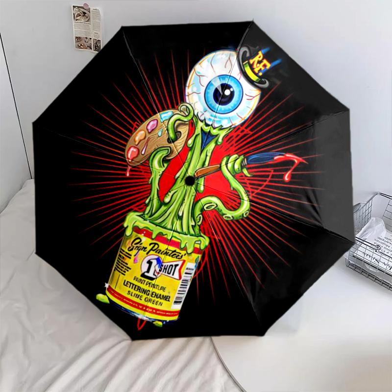 

1pc Rat Fink pattern Umbrella Portable Folding Umbrella Iron Frame Hole Bone Structure Outdoor Home Umbrella