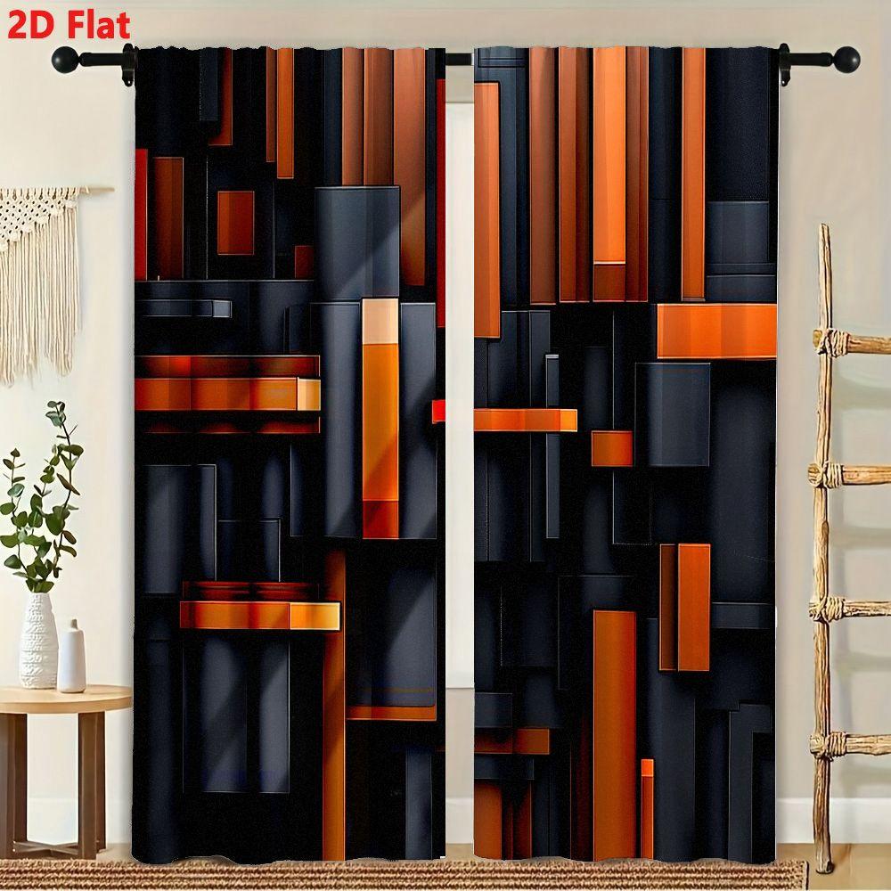 2 Pièces Rideaux Abstraits Géométriques 3D Noir et Orange Draperies de Fenêtre pour Chambre à Coucher Salon Décoration Traitement de Fenêtre.