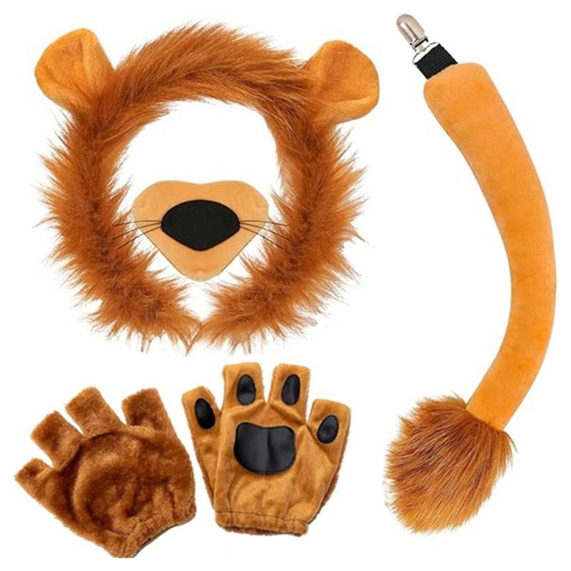 Animal Cosplay Costume for Kid Birthday Cosplay Party, Halloween Lion Dress up Costume, Lion Hairband, Tail, Bowtie