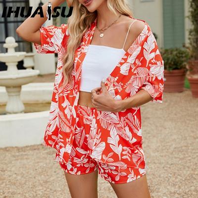 Summer Spring Women's Floral Print Short Sleeve Shirt Top Elastic Waist Shorts Suit