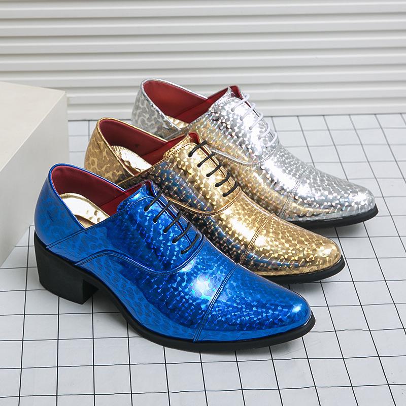 Men's Glossy Leather High Heel Shoes, Large Size, 6cm Height Increase, Trendy Nightclub Style for Spring and Autumn