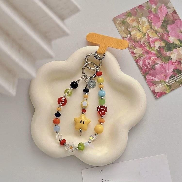 Pvc Star Face Emoji Phone Strap With Pink Heart Pendant For Girls And Teens