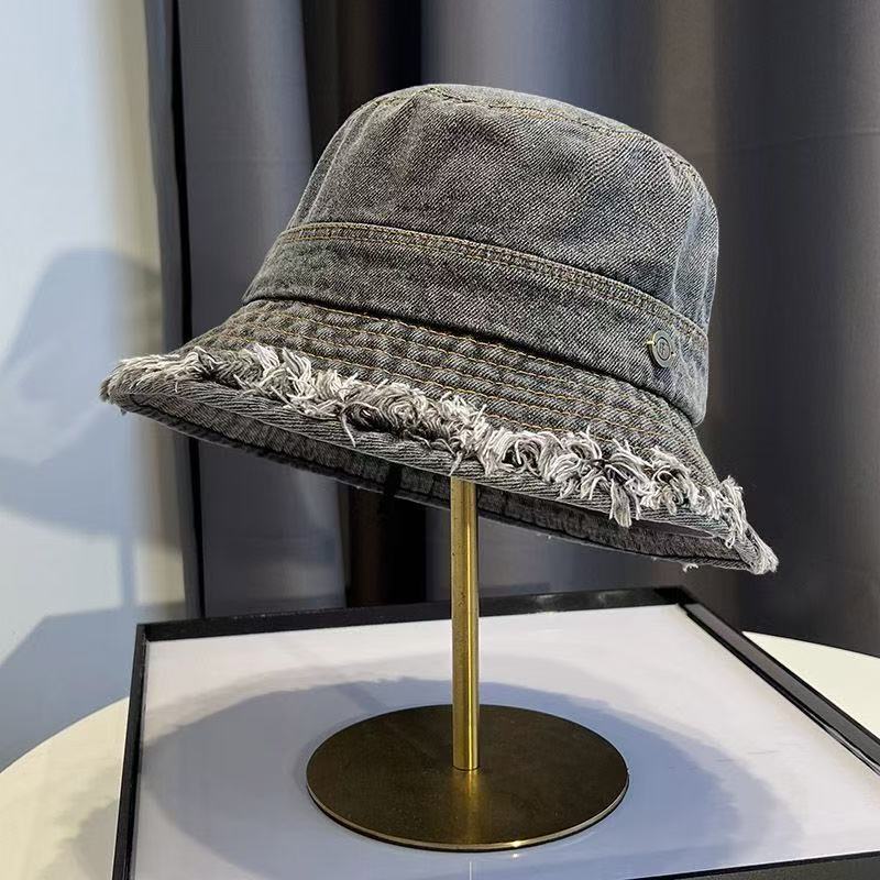 Korean Vintage Distressed Bucket Hat - Frayed Shade, Cloth Face Slimming Design Hats Women Spring Autumn
